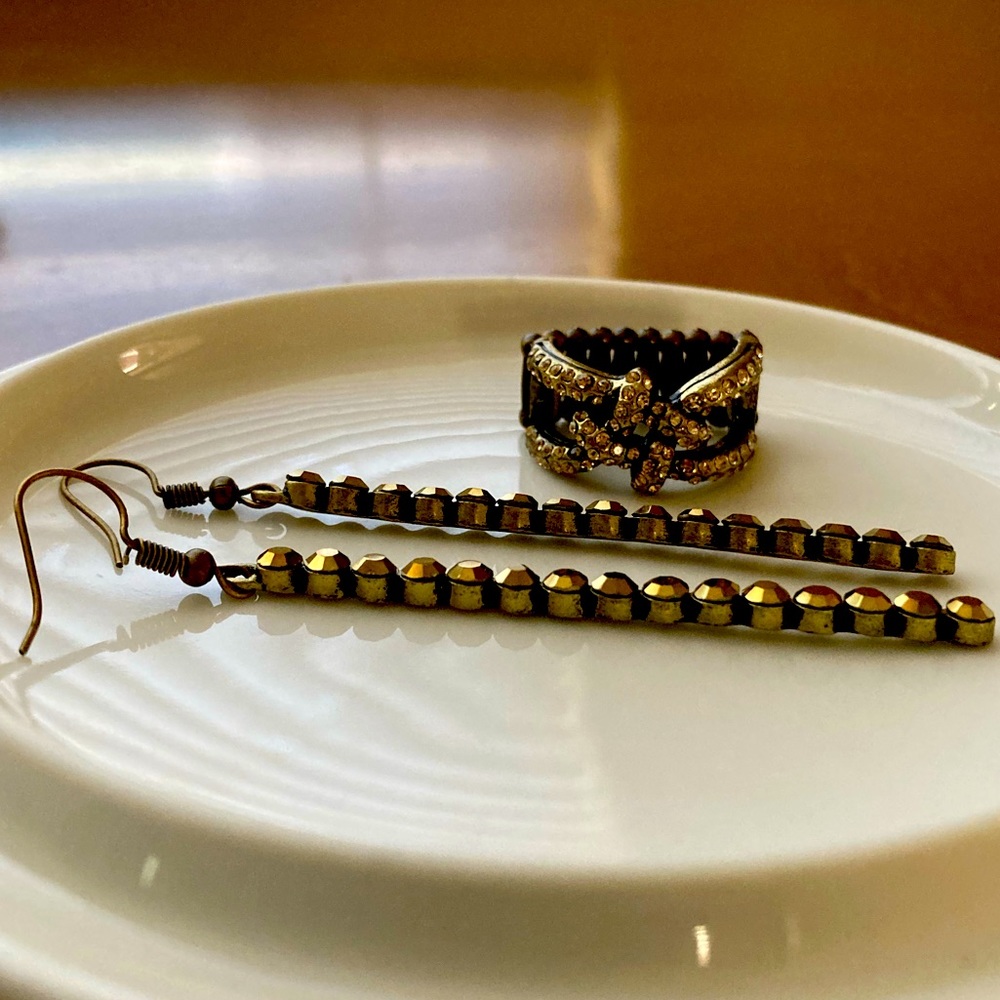 Bronze Rhinestone Ring & Earring Set - Picture 2 of 9